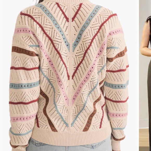 Marine Layer Cream Open-Knit Crew Sweater with Blue and Berry Stripes - Picture 6 of 6